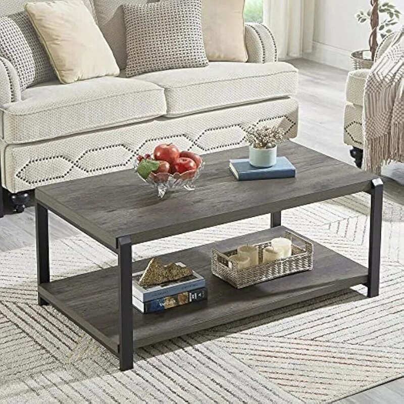 Mesa rústica de madeira e metal para sala de estar, mesa de café com prateleira, Grey Café Furniture