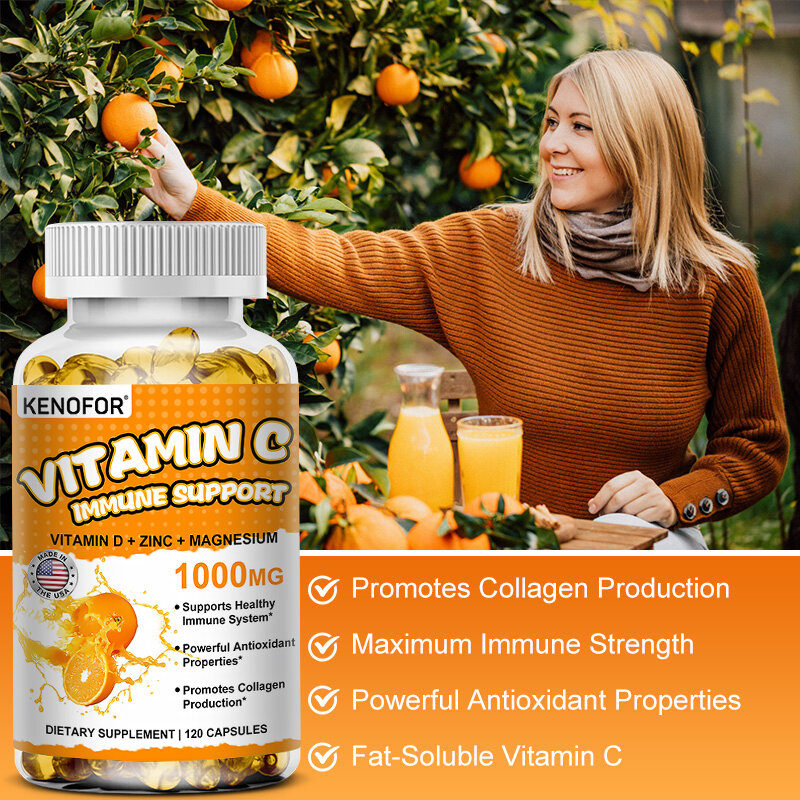 비타민 C - 1000 Mg, 120 캡슐, 면역 시스템 및 콜라겐 부스터, 고흡수성 지방 용해성 비타민 C, 피부 비타민