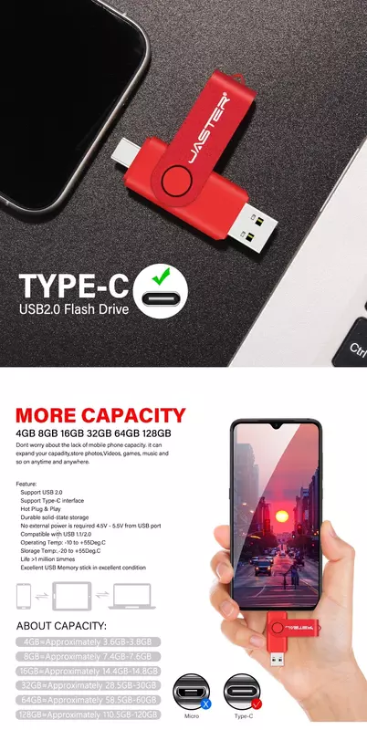 Jelter TYPE-C hitam bisnis, USB 128 tahan air USB 2.0 plastik Flash Drive 64GB 32GB penyimpanan eksternal hadiah cincin kunci Gratis