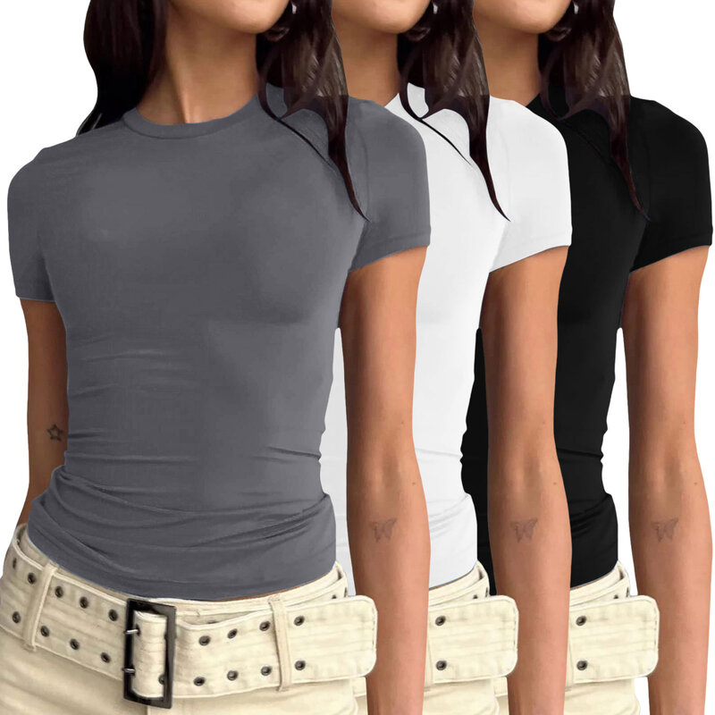 Rose T-shirt à manches longues Femmes 2024 Été Mignon Blanc Crop Top Dames Causal Sexy Slim O Cou De Base T-shirts Tshirt Y2k Top Vêtements haut à manches longues