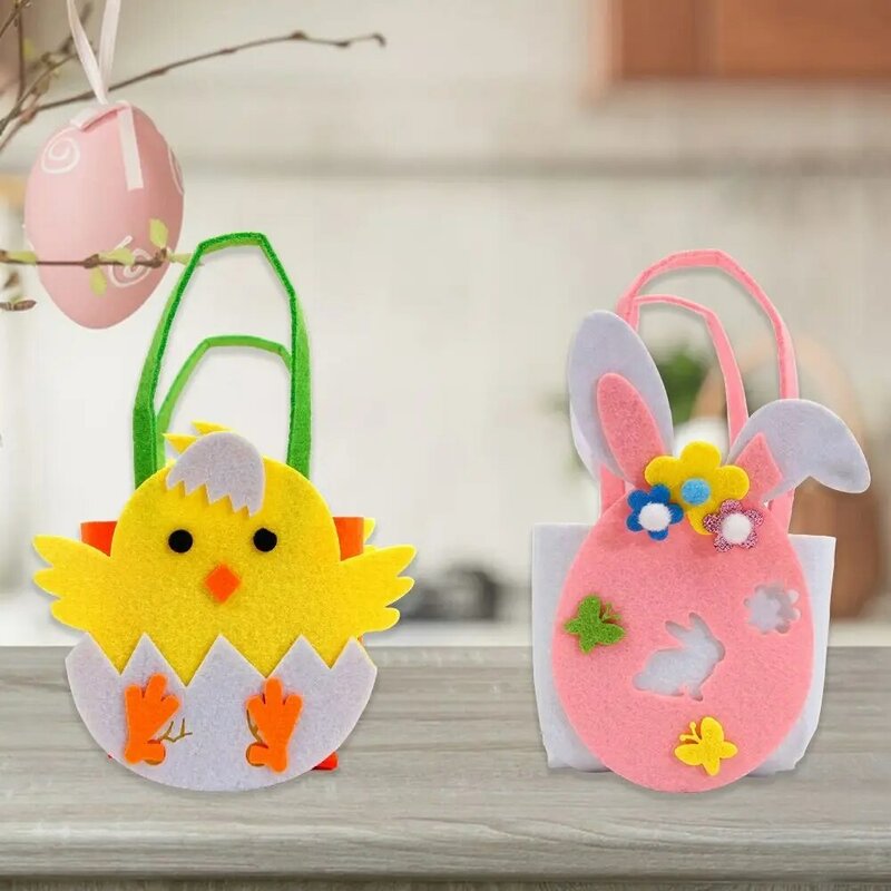 Bolso de mano de fieltro de dibujos animados para niños, bolsa de dulces colorida hecha a mano DIY, bolsa de regalo de conejo y pollito de Pascua, favores del día de Pascua Feliz