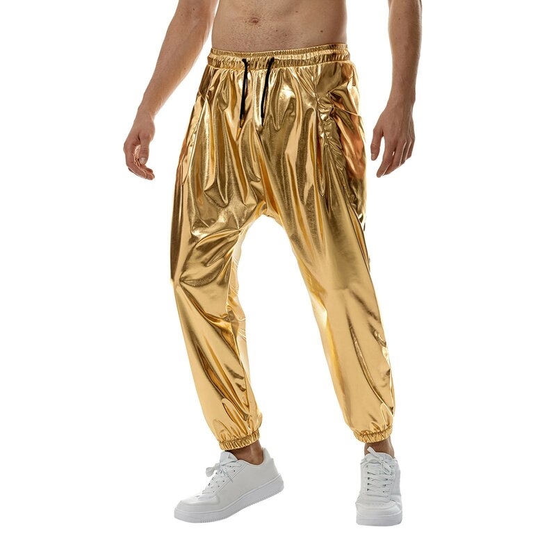 Męskie błyszczące srebrne metaliczne spodnie dresowe do biegania Hip Hop wyglądające na mokre spodnie męskie Club Party Festival Prom Streetwear Pantalones Hombre
