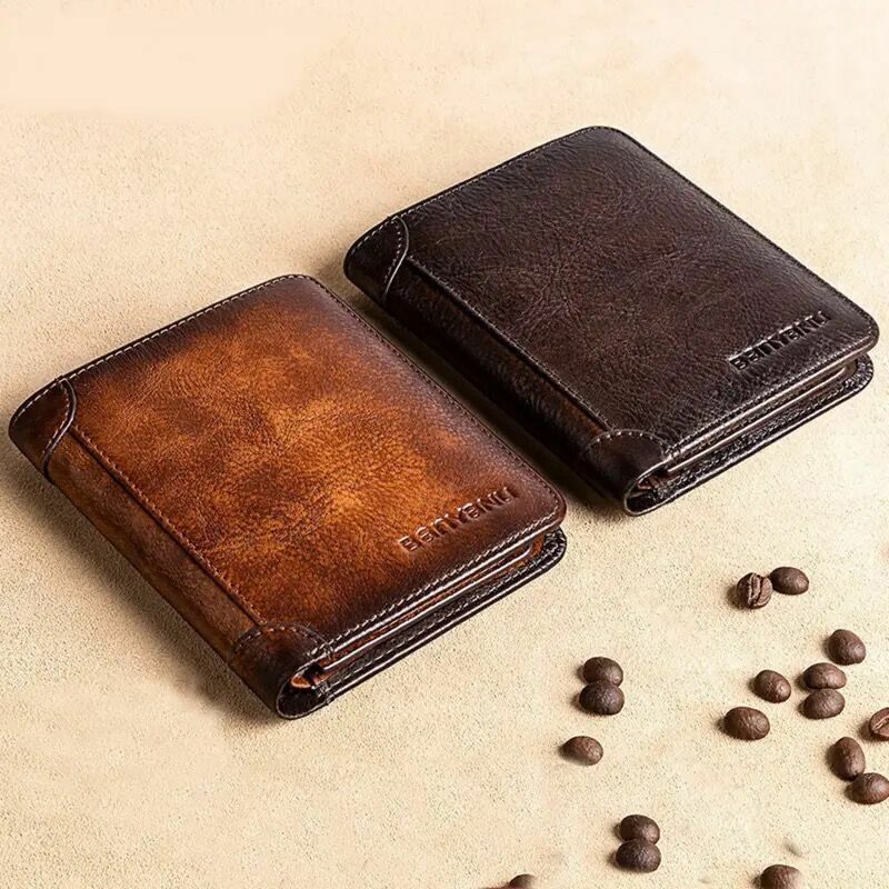 Portefeuille en cuir véritable pour hommes, design d'affaires rétro, protection Rfid, porte-cartes court, porte-monnaie, sac d'argent, sac à main
