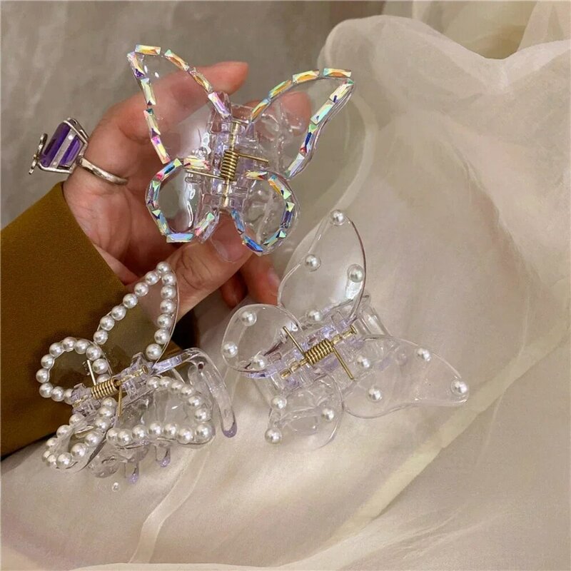 Pinza de mariposa de perlas transparentes para mujeres y niñas, pinzas de cangrejo para el cabello, horquilla acrílica, pasadores, accesorios para el cabello