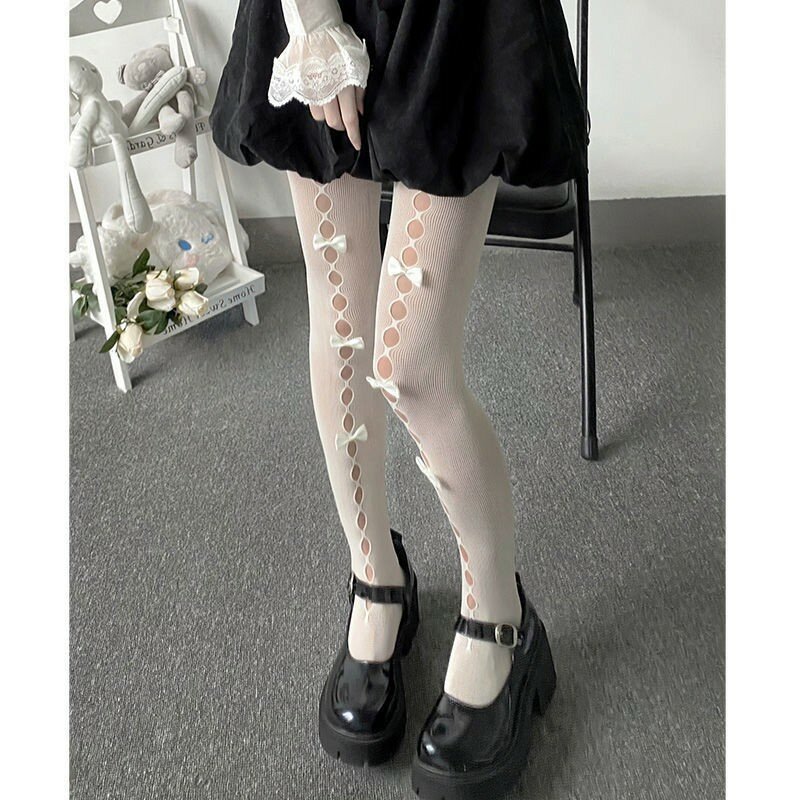 Lolita kaus kaki Cosplay anak perempuan kaus kaki Anime ketat renda populer tipis tipis berongga stoking sutra jaring hitam putih