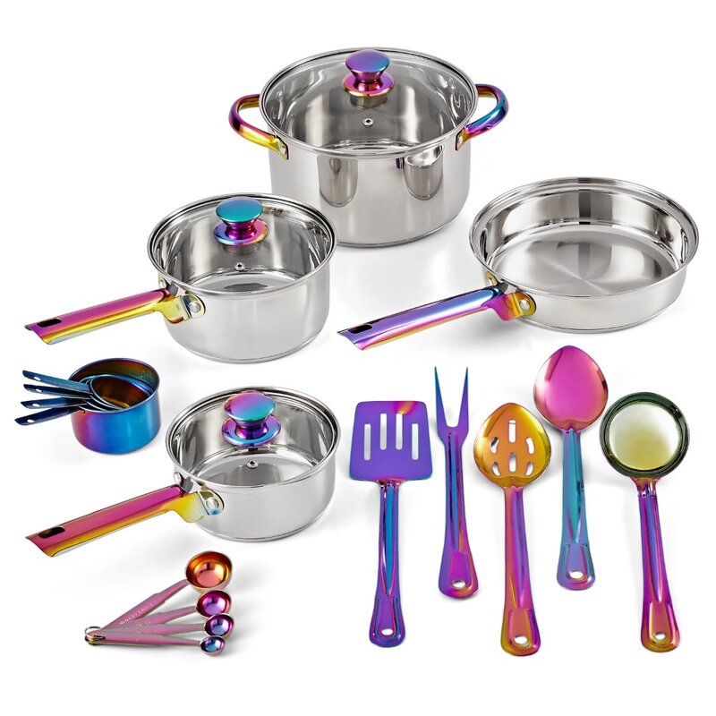 Набор кухонной посуды из 20 предметов из переливающейся нержавеющей стали, с кухонными принадлежностями и инструментами