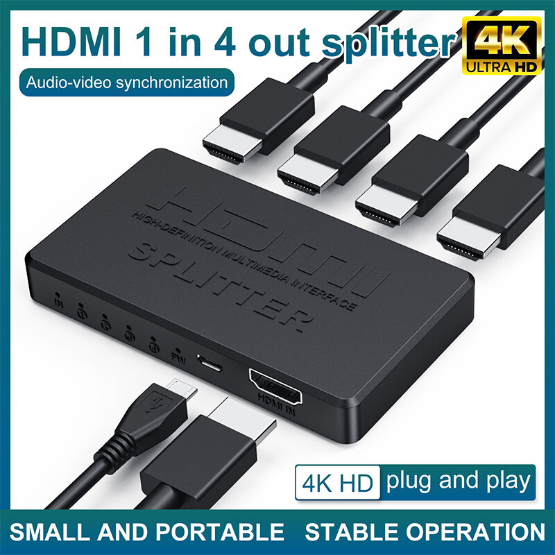 ตัวแยกสัญญาณที่เข้ากันได้กับ HDMI แบบ1 in 4สายเคเบิลอะแดปเตอร์ HDMI อุปกรณ์สลับสัญญาณวิดีโอ4K ฮับขนาด1x4สำหรับ PS4แล็ปท็อปมอนิเตอร์ทีวีกล่องโปรเจคเตอร์