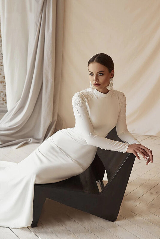 Simple ลูกไม้ชุดเดรสเมอร์เมดคอยาวแขนยาวมุสลิมชุดเดรสเจ้าสาวซาตินงานแต่งงาน Gowns 2023 Vestido De Noiva