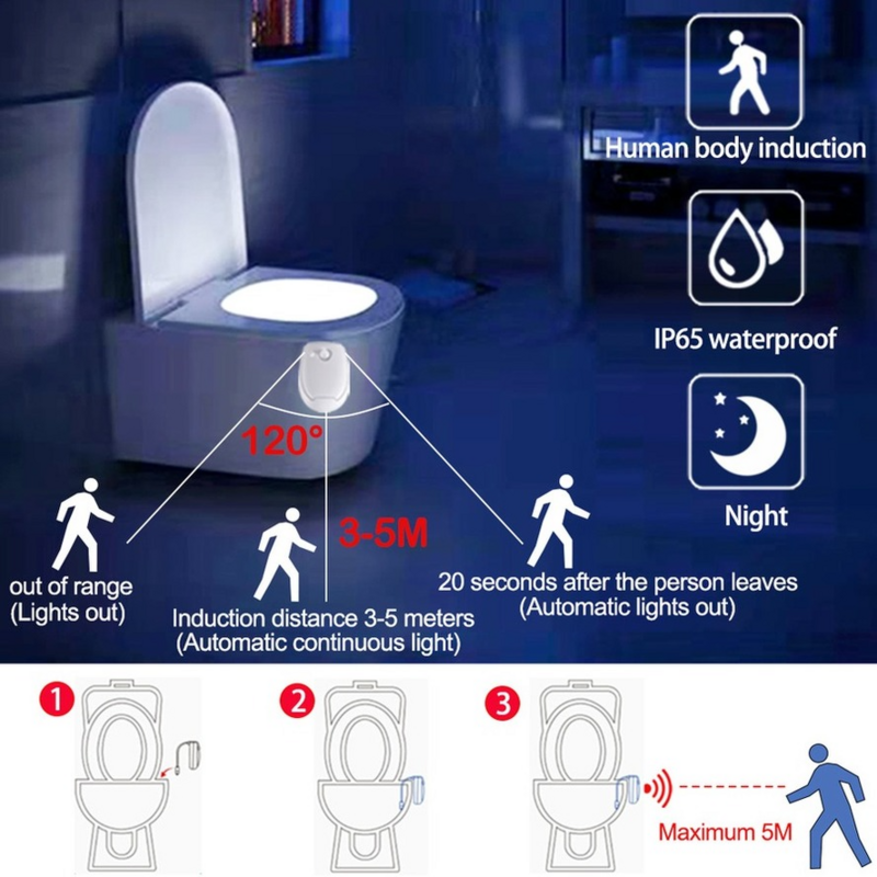 Luz noturna LED com sensor de movimento PIR, WC Bowl Lamp, Iluminação para banheiro, 8 cores