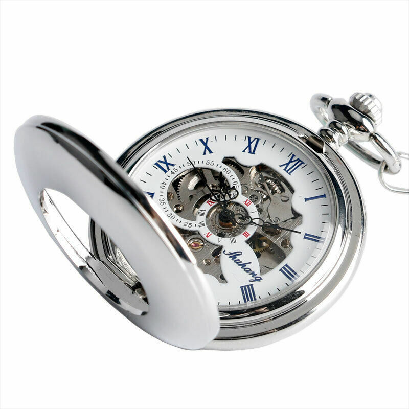 Estilo vintage relógio de bolso mecânico, Caso oco, Movimento automático, Fob prata lisa, Presente Cadeia esqueleto