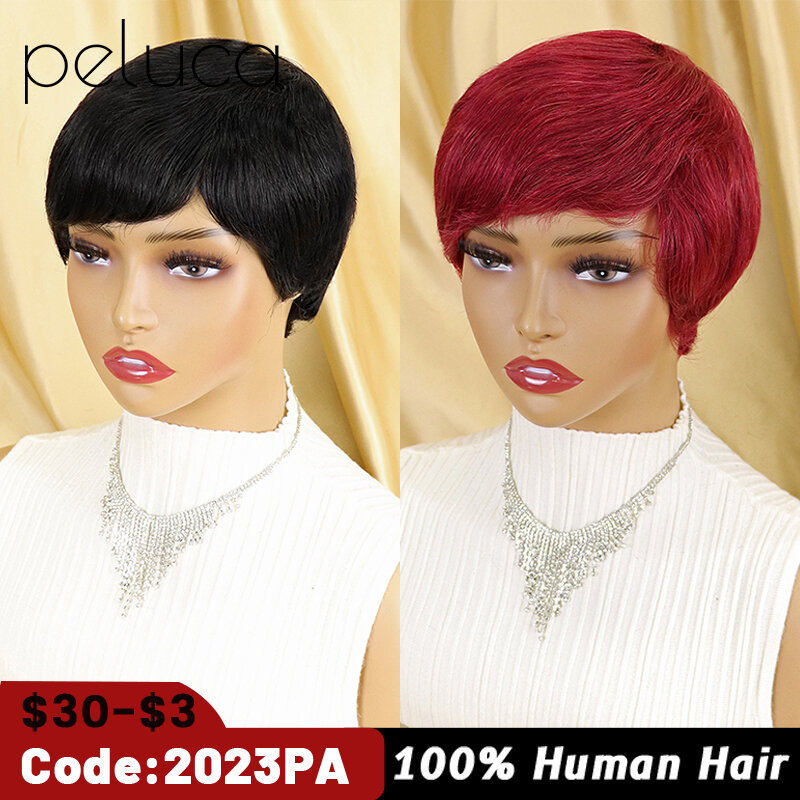 Pelucas de cabello humano liso con flequillo para mujeres negras, pelo corto Remy, Borgoña 99J, corte Pixie brasileño