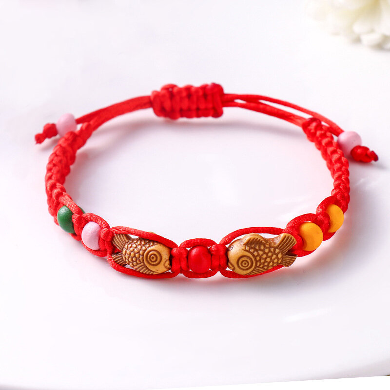 Tecido à mão corda vermelha pulseira masculino e feminino transbordo peixes flat knot pulseira jóias