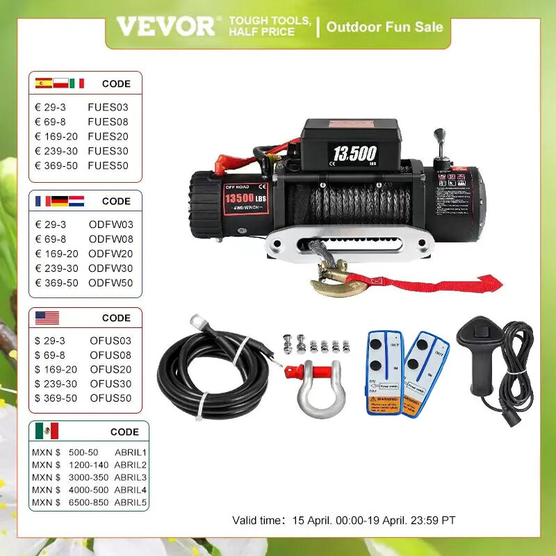 VEVOR 전기 윈치 13500 LBS 합성 견인 로프 윈치, 리프팅 호이스트, 4X4 자동차 트레일러, ATV 트럭, 오프로드 보트용, 12V, 27M, 92FT