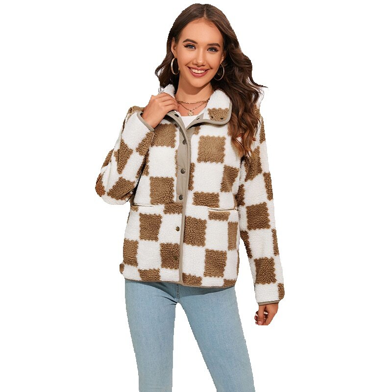 Casual Style Versatile Plaid Jacket For Women, Autumn New Loose Fitting Warm Long Sleeved Top Women