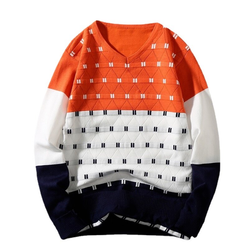 2022 New Men's Sweater Long Sleeve Patchwork Dot Patterned Men's V-neck Collar Sweaters Slim Fit Casual Pullovers
