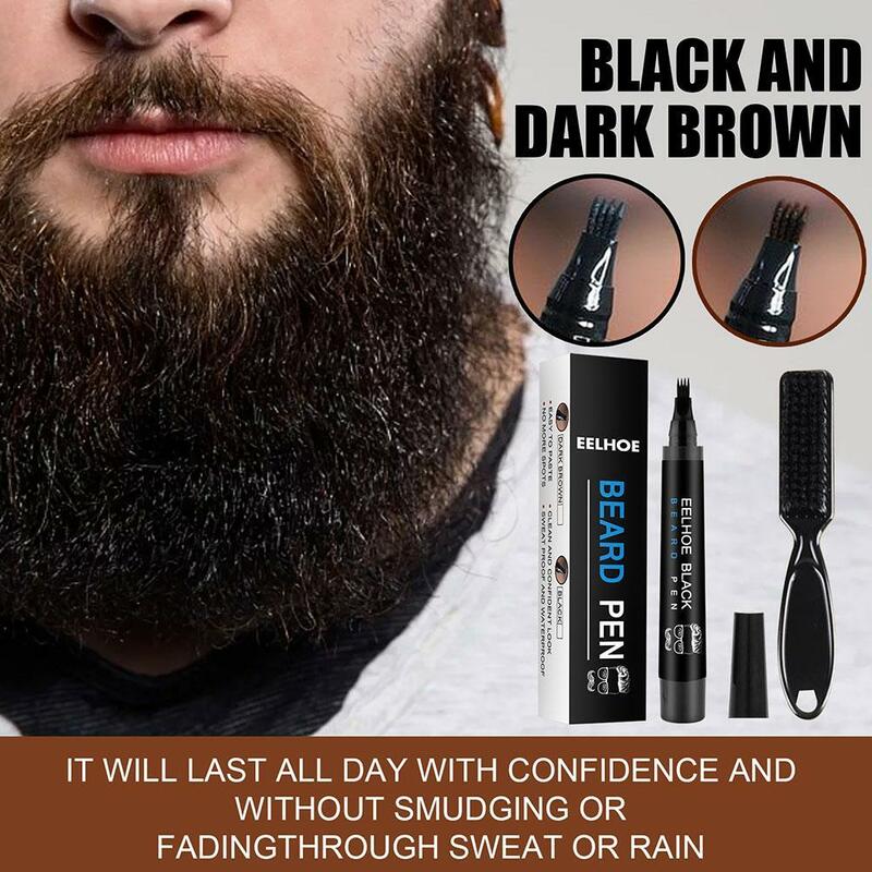 Kit de stylo de remplissage de barbe avec brosse à barbe, crayon de remplissage de barbe à quatre broches, réparation de moustache masculine étanche, stylo de coloration saillant