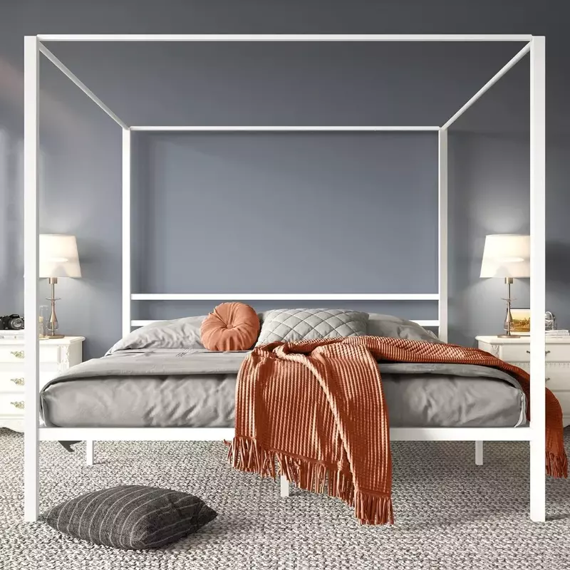 Meble do sypialni metalowa cztero-słupkowa rama łóżko z baldachimem 14 Cal platforma, bez sprężyn, biała, łóżko typu King Size