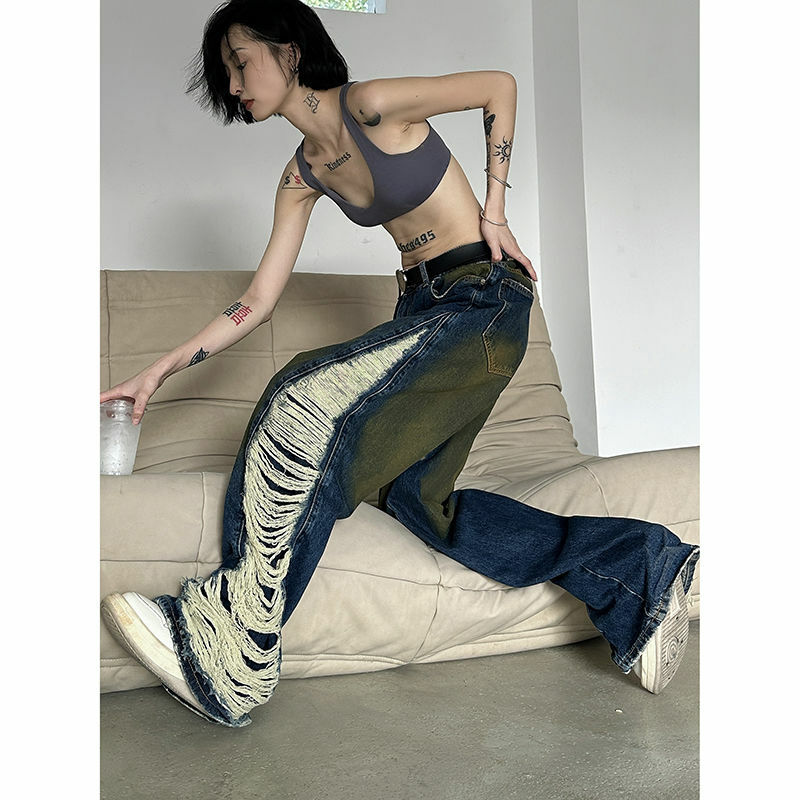 Pants vibe high street jeans feel stitched vintage distressed 2023 spring and autumn new ins loose trousers trend