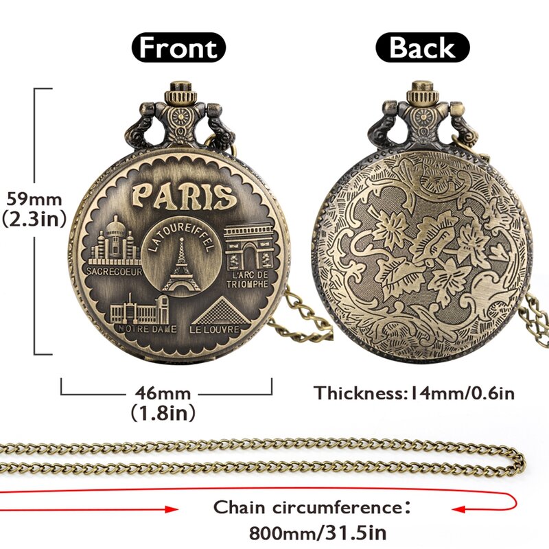 빈티지 파리 에펠탑 노트르담 디자인 쿼츠 포켓 시계, 르 루브르 목걸이 펜던트 아트 기념품 시계, 남성 및 여성용