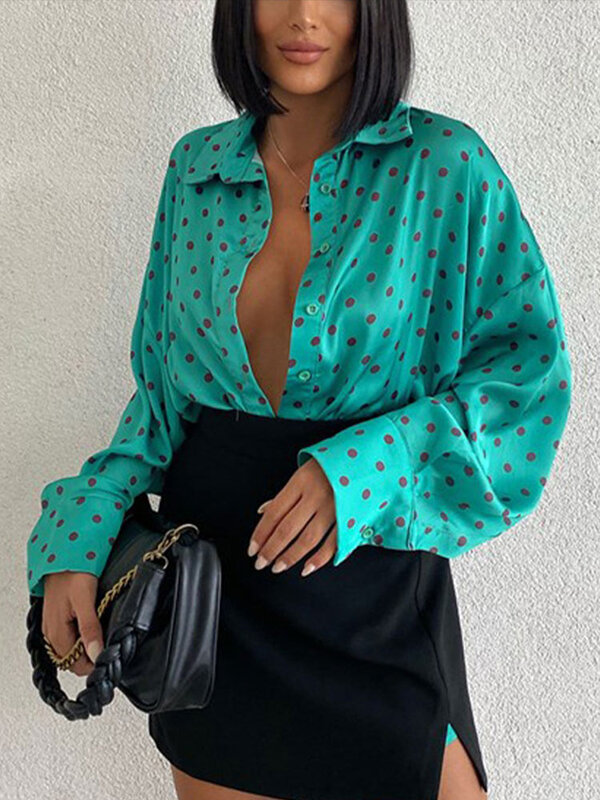 2022 New Spring Office Lady Casual top moda donna camicette a pois camicie a maniche lunghe con colletto rovesciato Vintage