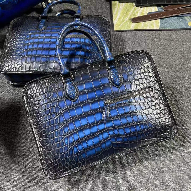 Yingshang novos homens bolsa de couro de crocodilo saco masculino maleta de crocodilo dos homens azul escova cor marinha saco de negócios grande