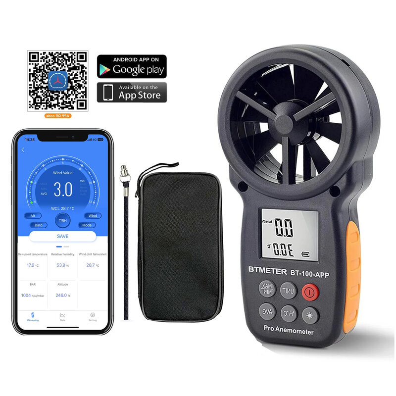 BTMETER BT-100-APP, anemómetro Digital con aplicación móvil, medidor de medición de velocidad del viento, herramientas de prueba de temperatura