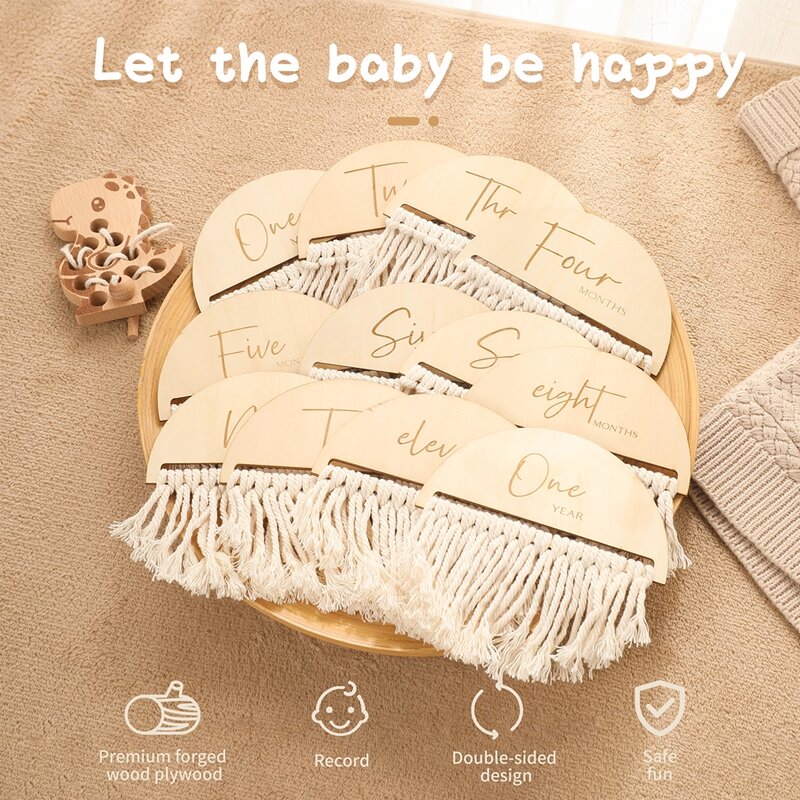 7 Teile/satz Holz Baby Monatliche Milestone Karten Quaste Doppelseitige Holz Baby Gravierte Alter Fotografie Zubehör Birthing Geschenke