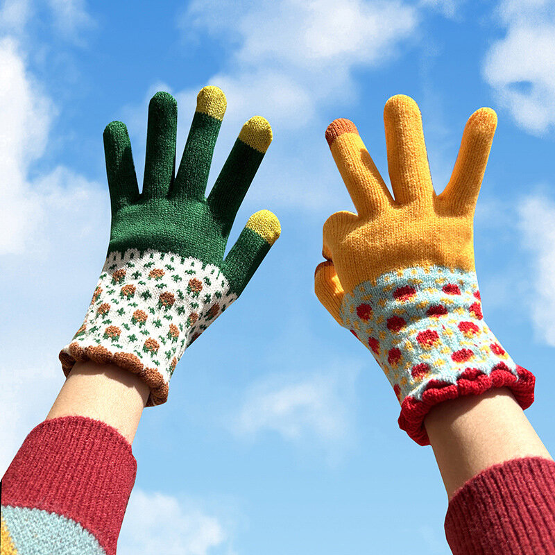 Damskie rękawiczki zimowe do ekranów dotykowych zagęścić ciepłe dzianinowe rękawiczki imitacja wełny pełne palce pary Outdoor rękawice narciarskie