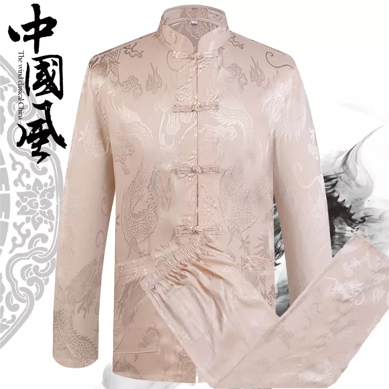 Neujahr chinesische Tradition Männer Tang Anzug Sets Langarm Hemd Hosen Drachen Kung Fu Anzug hochwertige Seide Wu Shu Tai Chi Sets