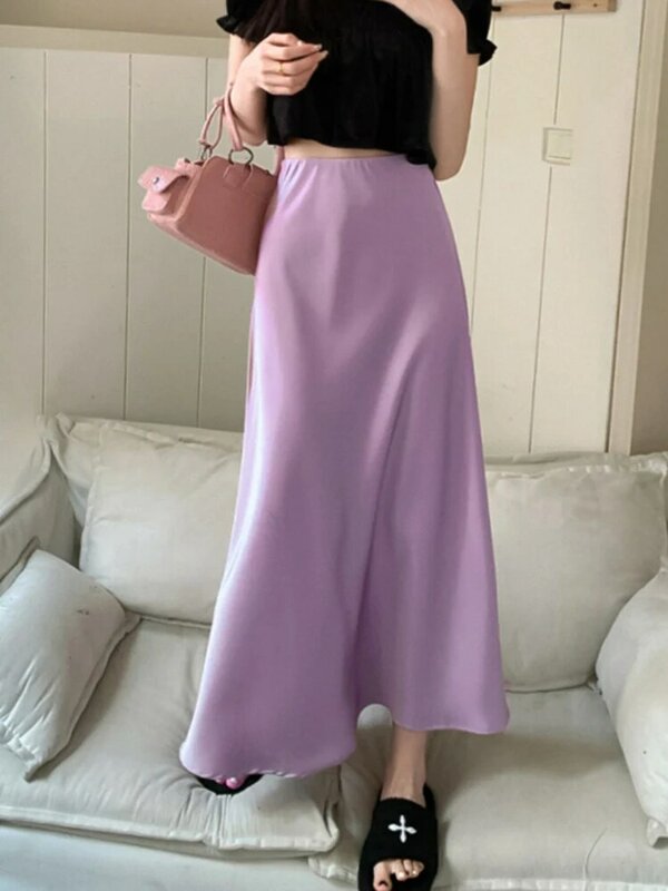 Элегантные женские юбки с высокой талией, шелковая атласная трапециевидная юбка, женская модная однотонная фиолетовая длинная юбка для женщин, мода 2024