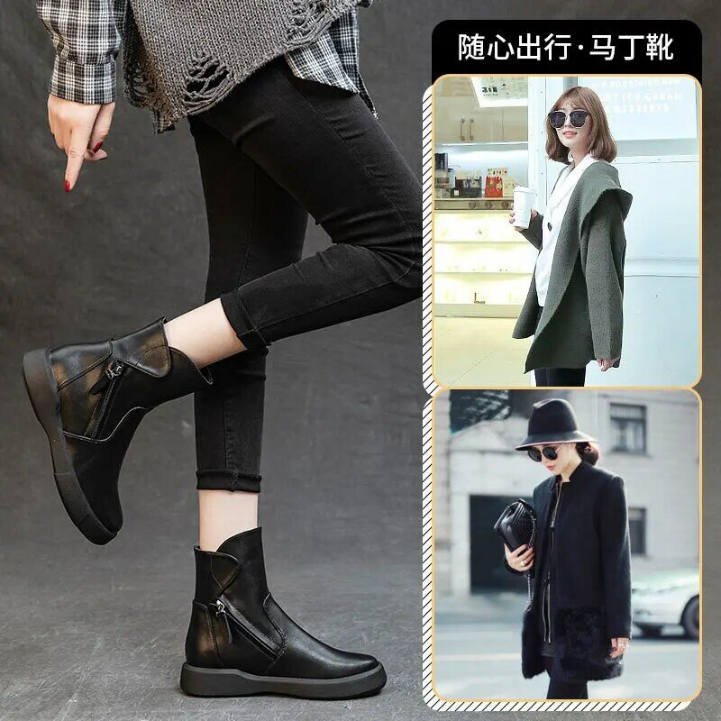 Casual Genuine Leather Women's Boots Side Zippers Autumn/Winter Fashion Retro Anti slip Platform Versatile Botas de mujer Women