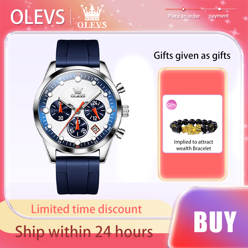 OLEVS 남성용 야광 실리콘 테이프 쿼츠 시계, 3 안 다이얼, 트렌디한 스포티 손목시계, 유명 브랜드, 정품 크로노그래프