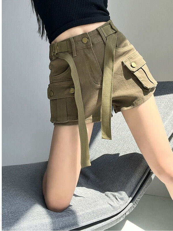 Large Pocket Denim Shorts For Women American Vintage Simple Solid Jeans Summer New High Waisted Slim Fitting Female Cargo Pants