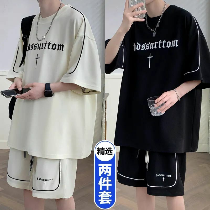 Футболка с коротким рукавом для подростков, мужской летний костюм, Корейская версия, свободный красивый комплект, Быстросохнущий вентилируемый спортивный костюм для мужчин
