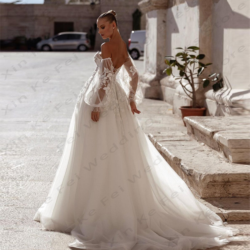 Artystyczne damskie suknie ślubne odpinana rękawy typu lampion elegancka koronka aplikacja ślub księżniczki sukienki formalne szata na imprezę