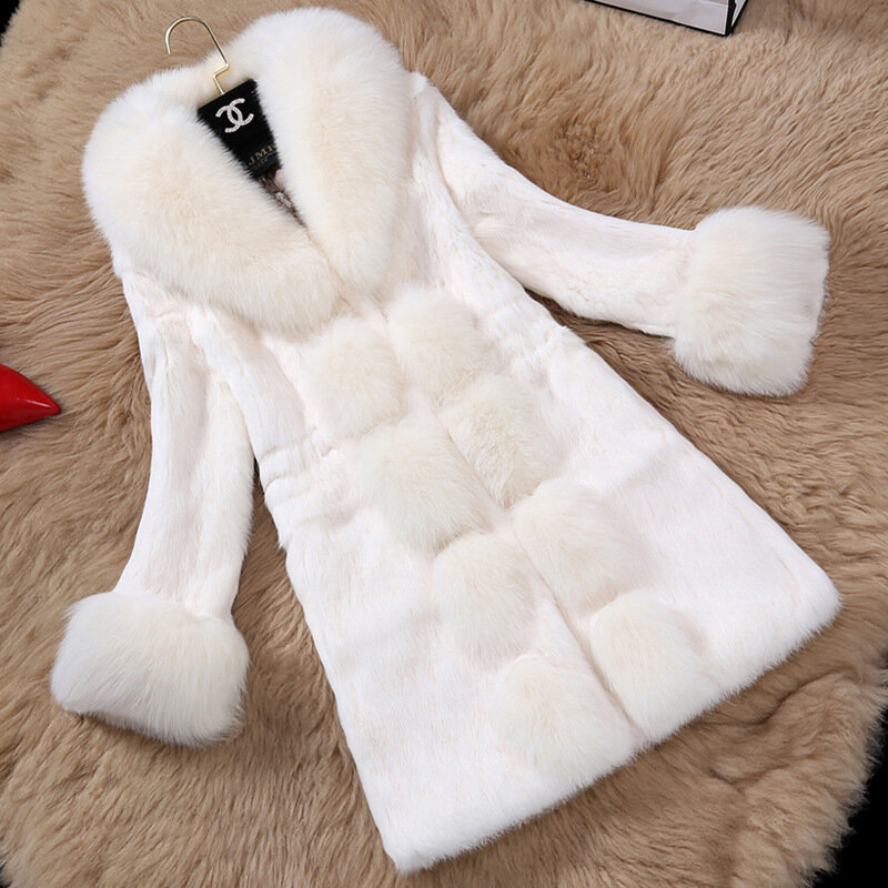 Abrigo de piel de conejo de imitación para mujer, abrigo mediano y largo con cuello de piel de zorro grande, venta al por mayor