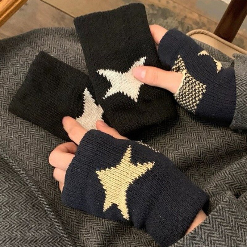 Punk Y2K Star Knitted Woolen Gloves Fashion Men Women Pentagram Half Finger Warm Soft Mitten Five Pointed Star Fingerless Gloves