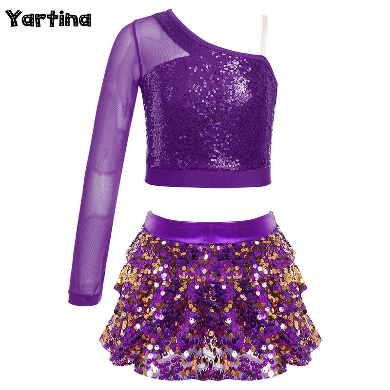 Kids Girls Ballet Hip Hop Jazz Dance Performance Costume Sparkly Sequins Dance Crop Top with Tiered Ruffle Skirt Shorts Culottes