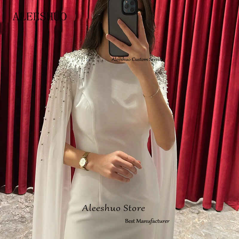 Aleeshuo Classic Arabia abito da ballo bianco abito da sera con maniche a berretto con scollo a o formale con perline lucide abito da sera a strati alla caviglia