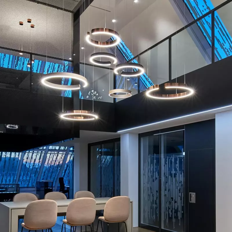 Lampu gantung Led cincin Nordic dapat diredupkan, untuk ruang tamu makan meja Pusat lampu gantung dapur dekorasi rumah perlengkapan pencahayaan