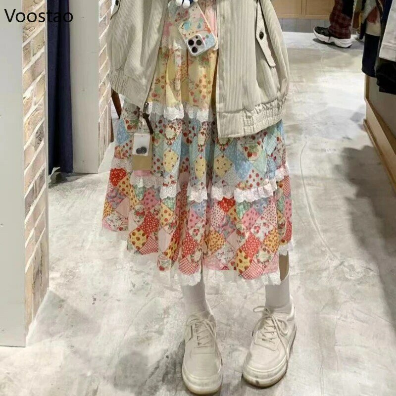 Giapponese Harajuku Y2k stampa floreale gonna a vita alta donna Streetwear Vintage pizzo volant Faldas Mujer femminile coreano gonne larghe