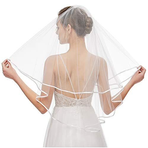 Bridal Veil Women's Simple Tulle Short Wedding Veil Ribbon Edge with Comb for Wedding Bachelorette Party