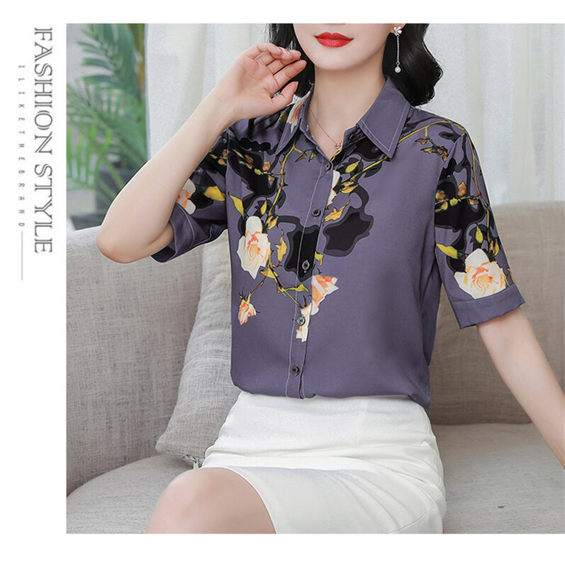 Blusas de gasa con estampado Floral Vintage para mujer, camisa de manga corta de satén, 2024