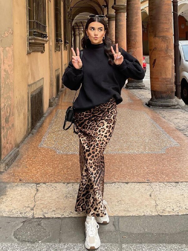 HOUZHOU-Mulheres com estampa leopardo cetim saias longas, saia Midi casual fina de cintura alta elegante, chique de verão feminino