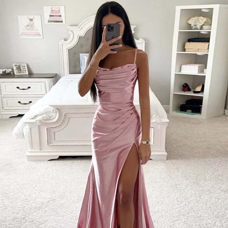 Wakuta Fashion Women's European and American Strapless Pleated and Split Satin Formal Evening Gowns Graduation Ceremony Vestidos
