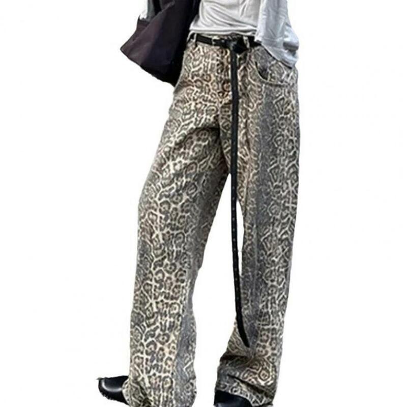 Jeans de perna larga feminina e masculina com estampa leopardo, streetwear retrô, calça jeans com bolsos hop, zíper