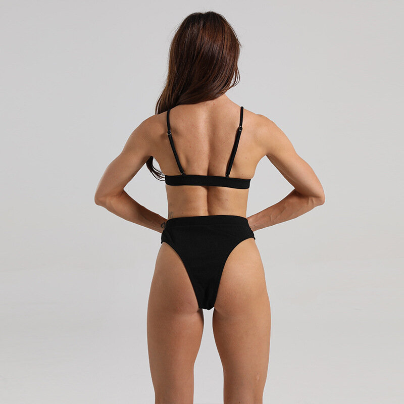 Bikinis negros sexys de cintura alta para mujer, traje de baño de dos piezas, ropa de playa, trajes de baño, conjunto de Bikini brasileño para piscina 2024