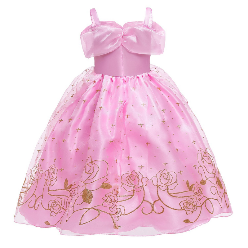 Disney New Pink Princess Dress for Girl Sleeping Beauty Cosplay Costume Summer Rose Print Sling Frocks Holiday Party Favors
