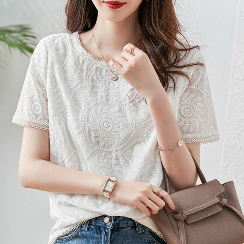 2023 New Summer Commuter Simple Lace Hooked Fashion Round Neck Hollow Short Sleeve Casual Loose Versatile Women's T-shirt