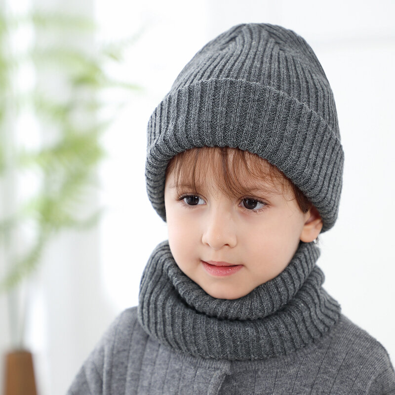 Set sciarpa cappello invernale per bambino 2022 berretti a righe cappelli per ragazza ragazzo tinta unita berretti spessi in maglia sciarpe Set per ragazza bambini